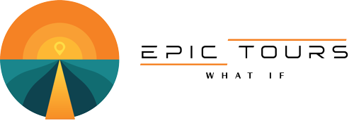 Logo for "Epic Tours" featuring a stylized road leading to a map pin within a circular orange and teal design, with the tagline "What If" below.