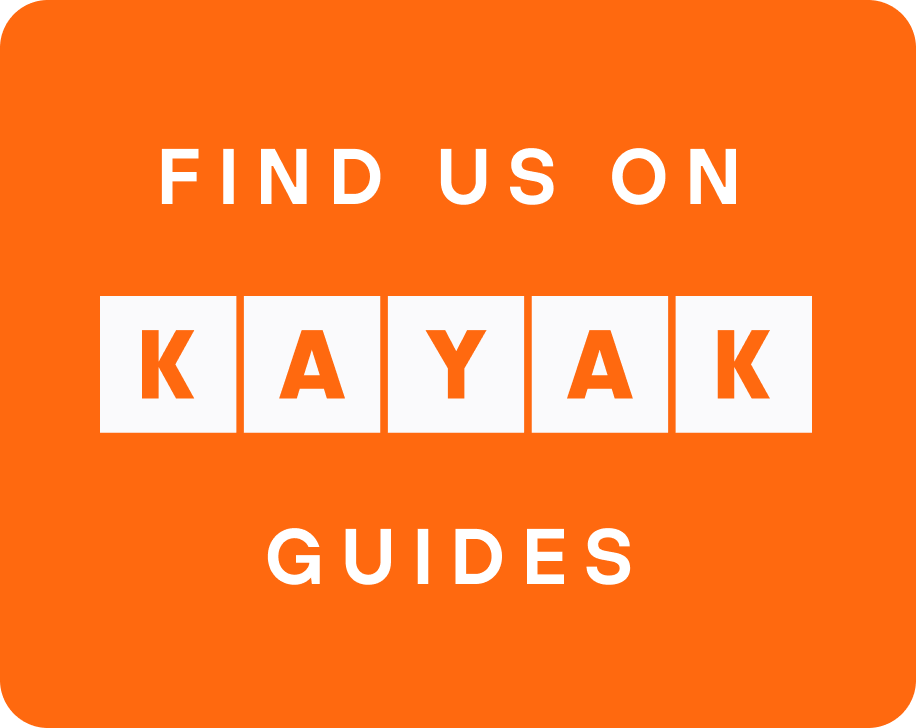 Orange graphic reading “Find us on Kayak Guides,” with the word “Kayak” spelled out in individual white square tiles.